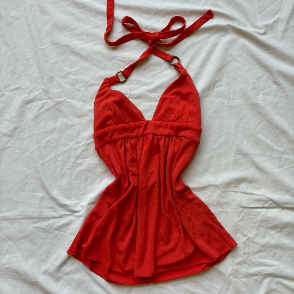 orange soft flouncy v neck halter tank top with wood rings